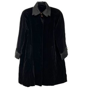 Velvet COAT Vintage Goth Black Knee Length Size 14 Fabric Collar & Cuffs Pockets